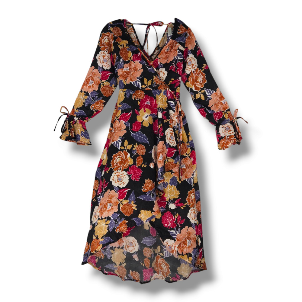 NWT B.O.G. Band of the Free Floral Hi-Lo Faux Wrap Maxi Dress Sz. XS Black Berry